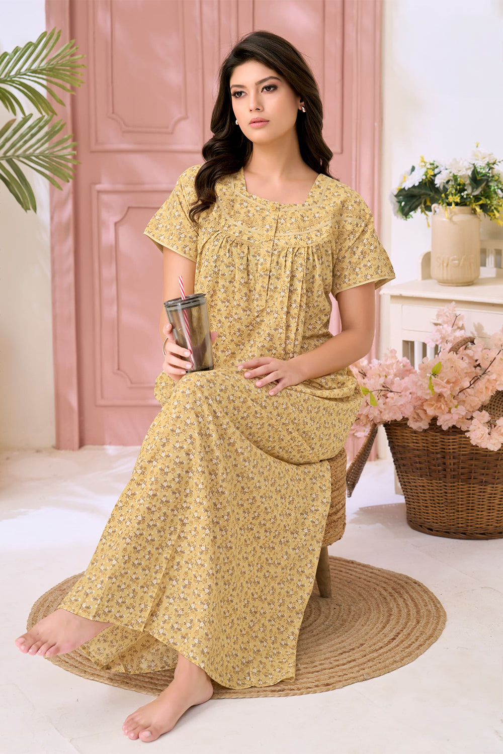 Women's Bizzy Lizzy Poly Viscose Printed Nighty | Round Neck Short Sleeve Full Length Night Gown for Women | Relax Fit Premium Sleepwear - 2393