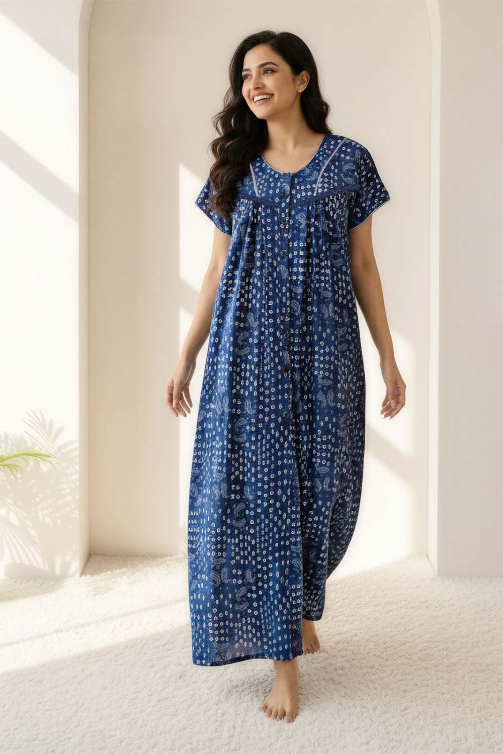 Naidu Hall Women’s Printed Nighty – Relax Fit Poly Viscose Full Length Front Open Nightwear | Comfortable Daily Wear Nighty - 2396