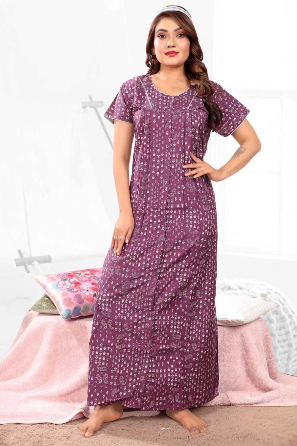 Naidu Hall Women’s Printed Nighty – Relax Fit Poly Viscose Full Length Front Open Nightwear | Comfortable Daily Wear Nighty - 2396