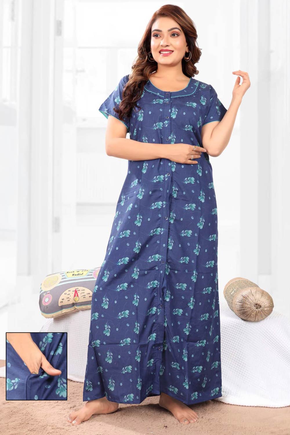 Naidu Hall Women’s Printed Nighty – Relax Fit Poly Viscose Full Length Front Open Nightwear | Comfortable Daily Wear Nighty - 2402