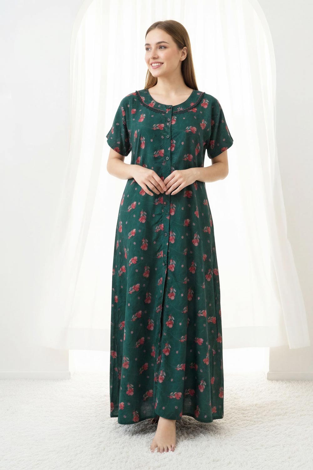 Naidu Hall Women’s Printed Nighty – Relax Fit Poly Viscose Full Length Front Open Nightwear | Comfortable Daily Wear Nighty - 2402