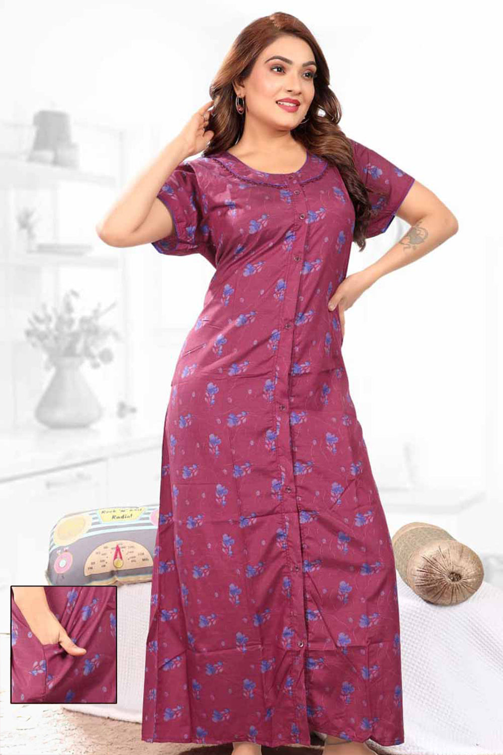Naidu Hall Women’s Printed Nighty – Relax Fit Poly Viscose Full Length Front Open Nightwear | Comfortable Daily Wear Nighty - 2402