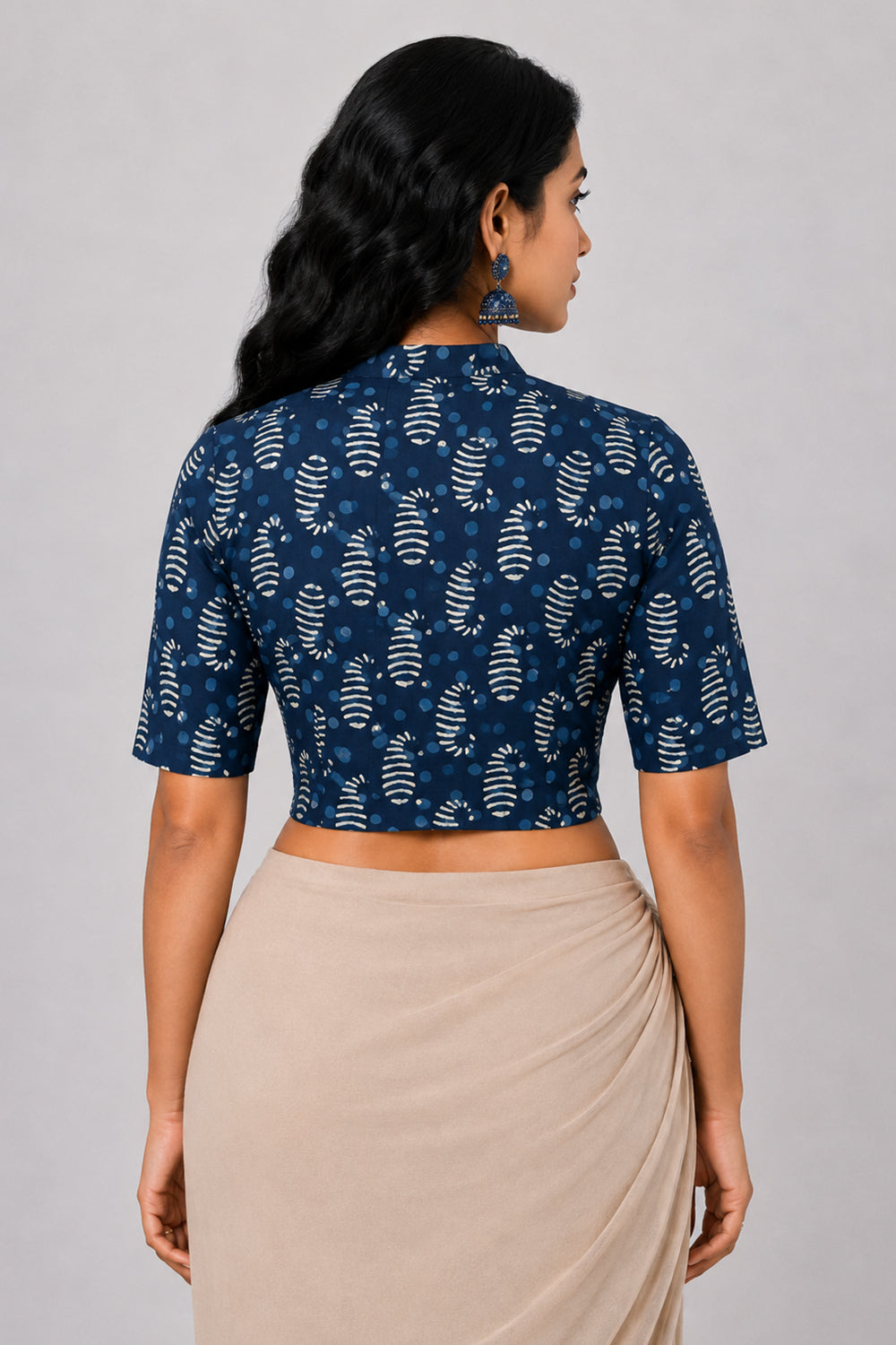 Women's Cotton Blend Printed Saree Blouse | Ruffle Collar Elbow Sleeve Readymade Blouse | Regular Fit Woven Ethnic Blouse | 9241