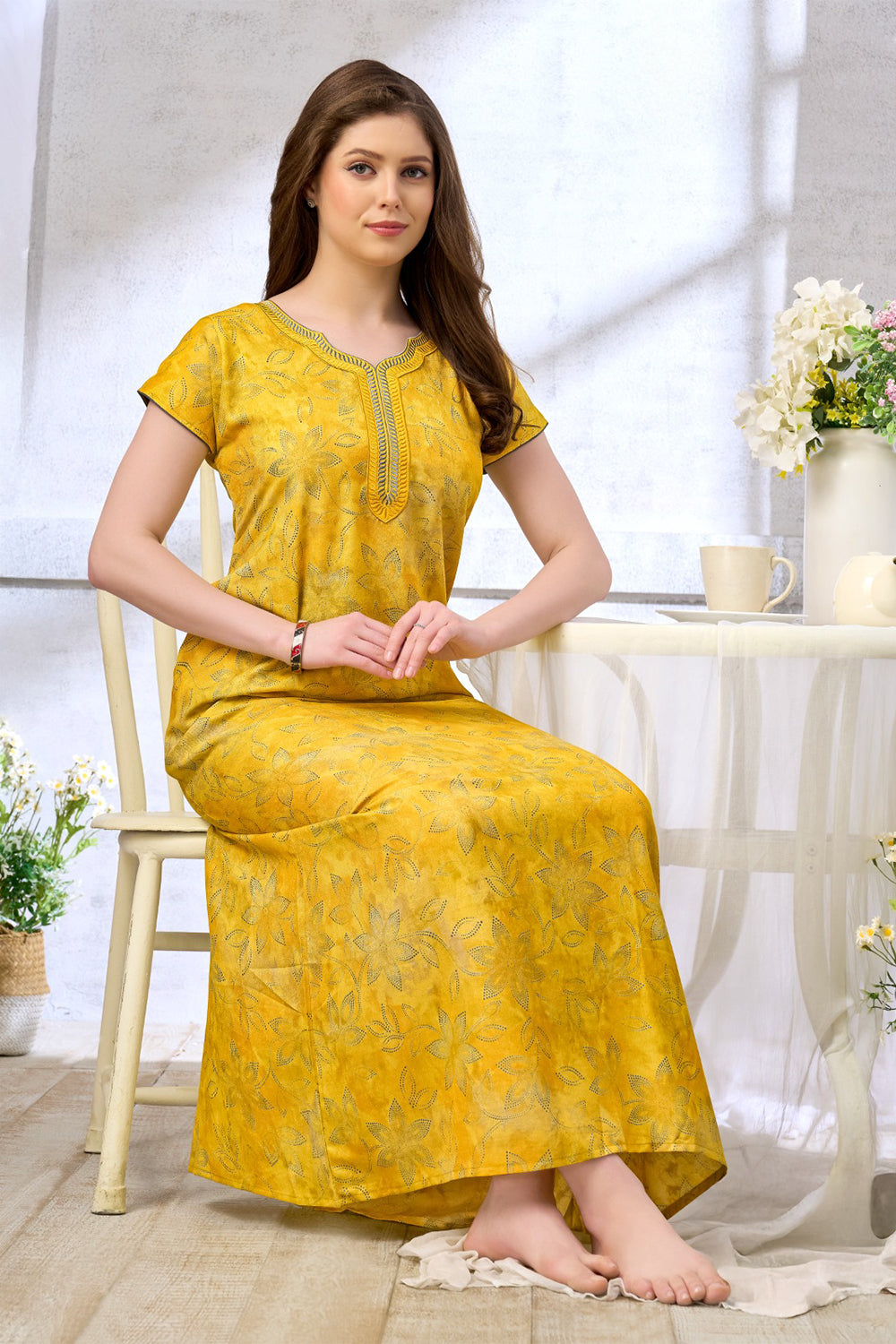 Women’s Cotton Blend Printed Pleated Nighty | Full Length Round Neck Night Dress with Short Sleeves | Regular Fit Daily Wear Sleepwear & Loungewear - 2427