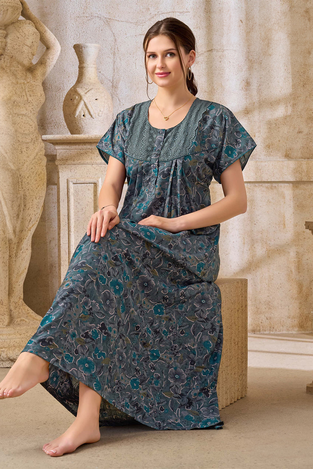 Women's Bizzy Lizzy Poly Viscose Printed Nighty | Round Neck Short Sleeve Full Length Night Gown for Women | Relax Fit Premium Sleepwear - 2459