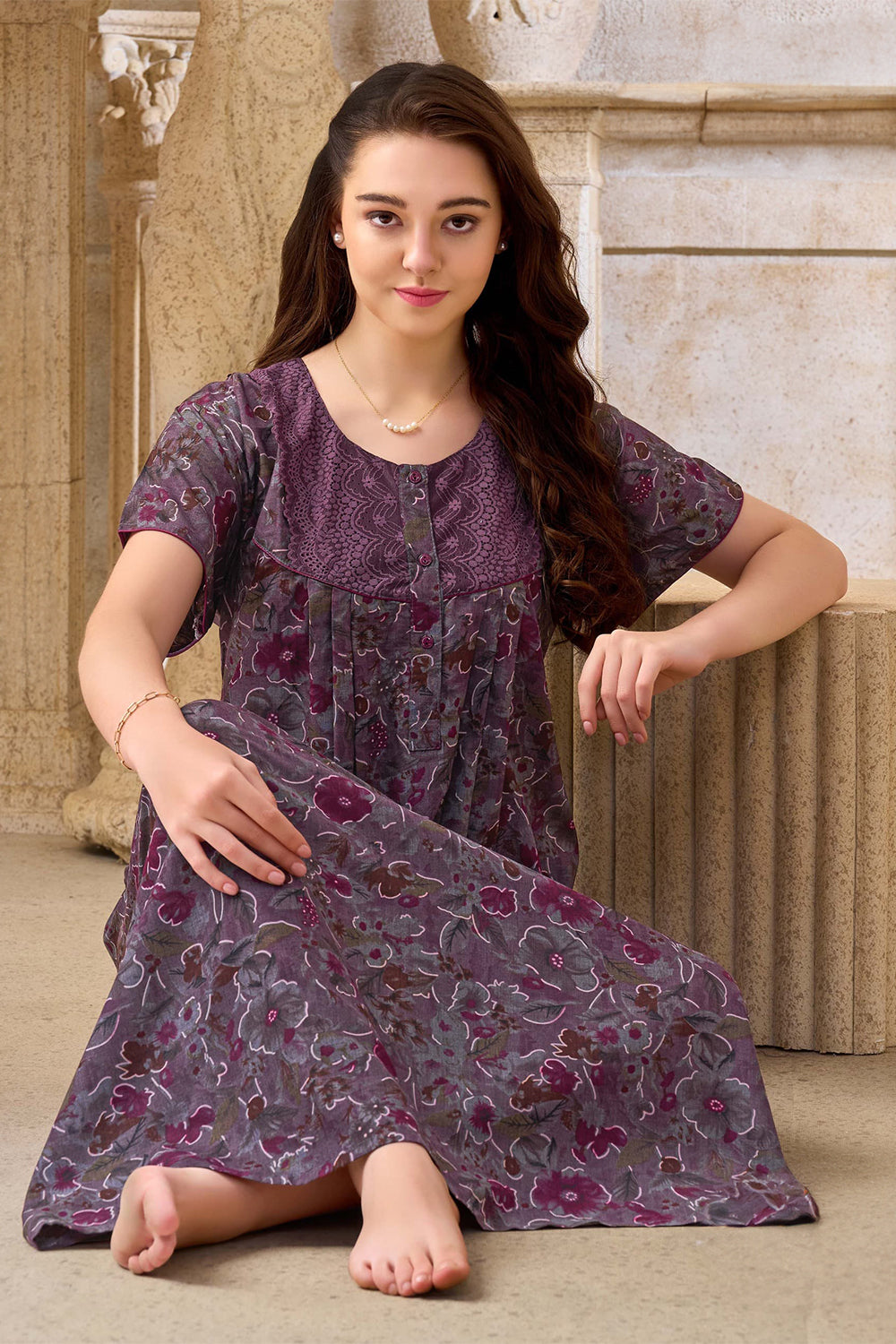 Women's Bizzy Lizzy Poly Viscose Printed Nighty | Round Neck Short Sleeve Full Length Night Gown for Women | Relax Fit Premium Sleepwear - 2459