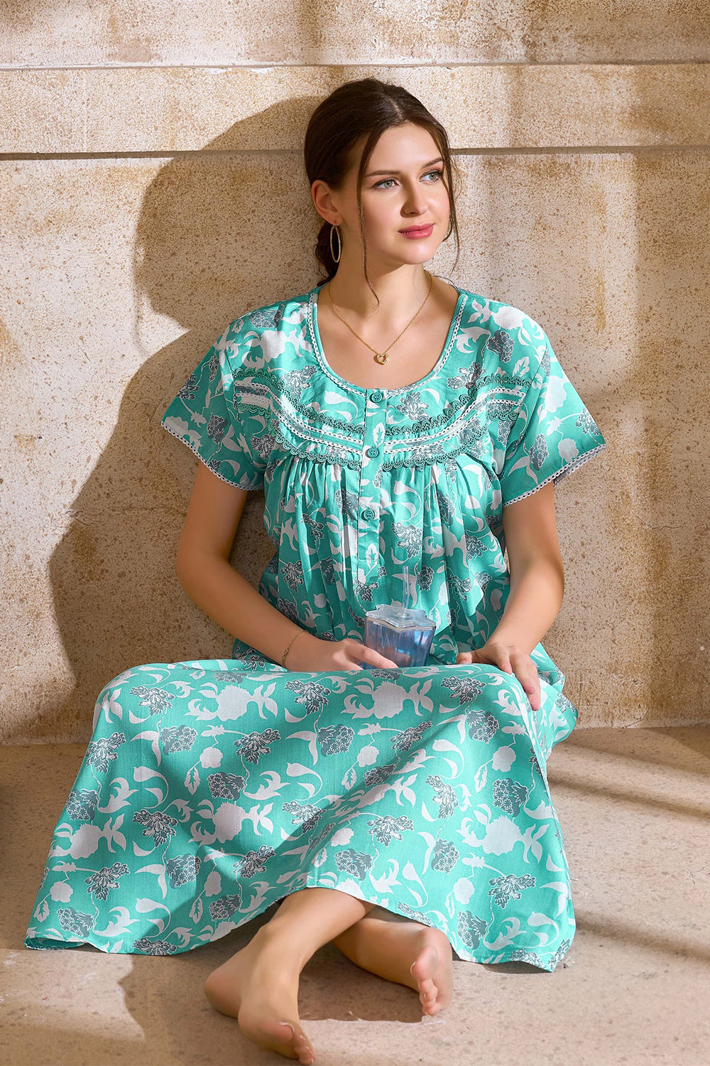 Women's Bizzy Lizzy Poly Viscose Printed Nighty | Round Neck Short Sleeve Full Length Night Gown for Women | Relax Fit Premium Sleepwear - 2466