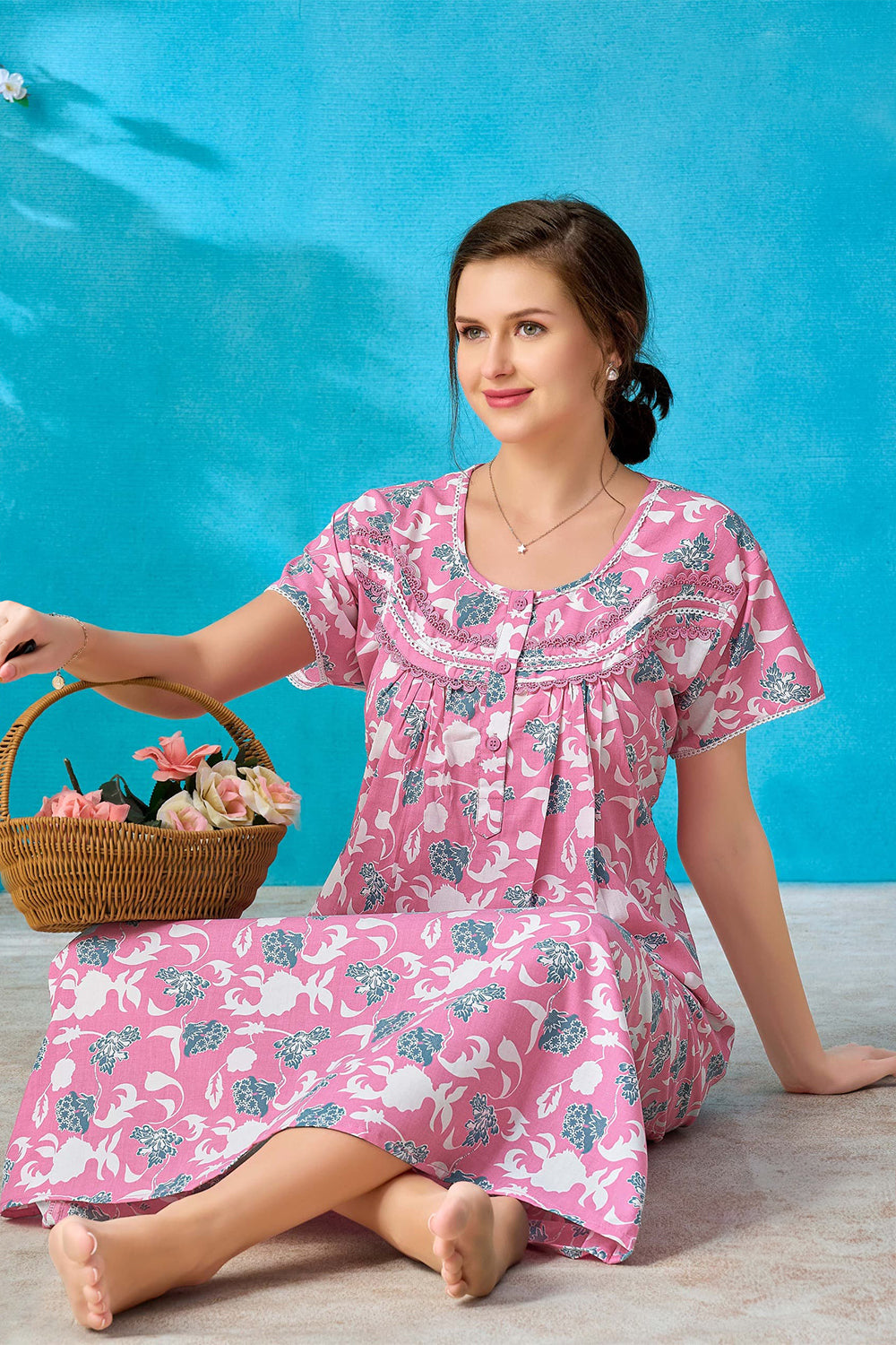 Women's Bizzy Lizzy Poly Viscose Printed Nighty | Round Neck Short Sleeve Full Length Night Gown for Women | Relax Fit Premium Sleepwear - 2466