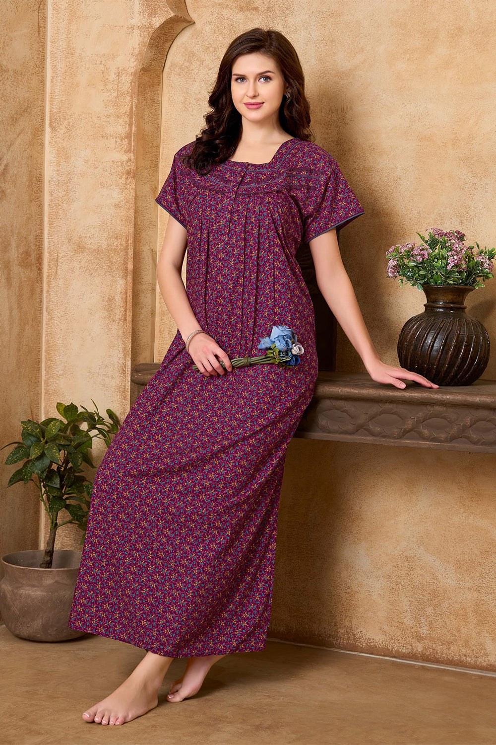 Women's Bizzy Lizzy Poly Viscose Printed Nighty | Round Neck Short Sleeve Full Length Night Gown for Women | Relax Fit Premium Sleepwear - 2467