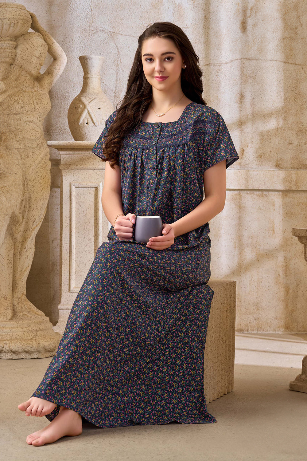 Women's Bizzy Lizzy Poly Viscose Printed Nighty | Round Neck Short Sleeve Full Length Night Gown for Women | Relax Fit Premium Sleepwear - 2467