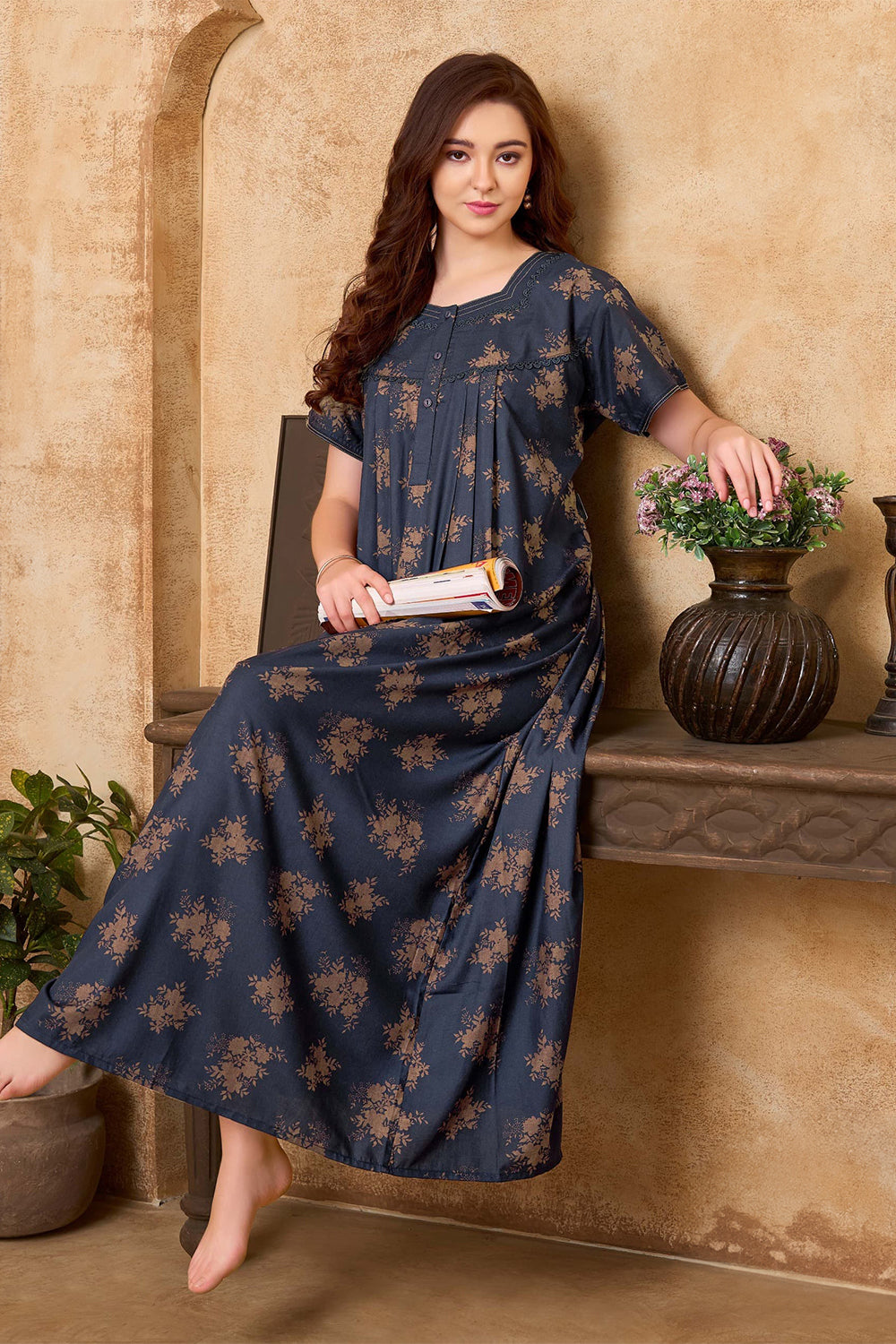 Women's Bizzy Lizzy Poly Viscose Printed Nighty | Round Neck Short Sleeve Full Length Night Gown for Women | Relax Fit Premium Sleepwear - 2468