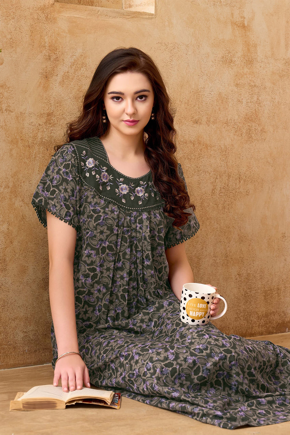 Women's Bizzy Lizzy Poly Viscose Printed Nighty | Round Neck Short Sleeve Full Length Night Gown for Women | Relax Fit Premium Sleepwear - 2469