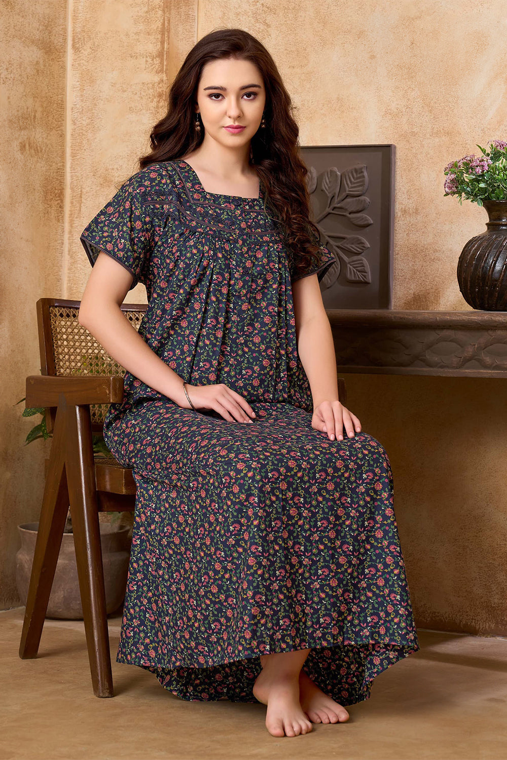 Women's Bizzy Lizzy Poly Viscose Printed Nighty | Round Neck Short Sleeve Full Length Night Gown for Women | Relax Fit Premium Sleepwear - 2471