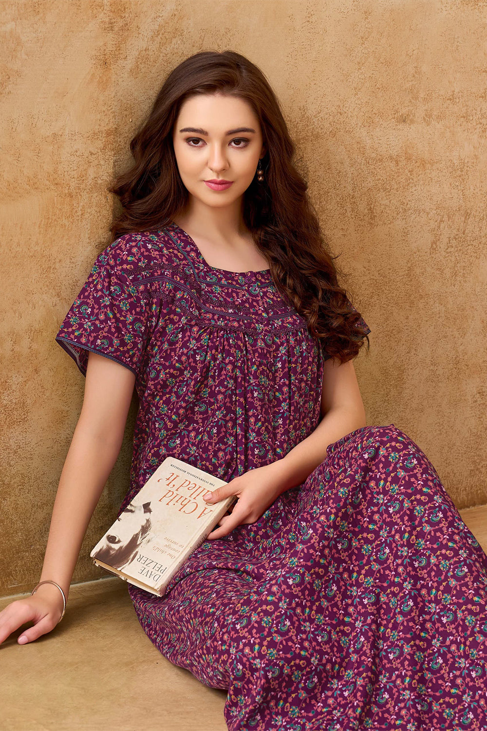 Women's Bizzy Lizzy Poly Viscose Printed Nighty | Round Neck Short Sleeve Full Length Night Gown for Women | Relax Fit Premium Sleepwear - 2471
