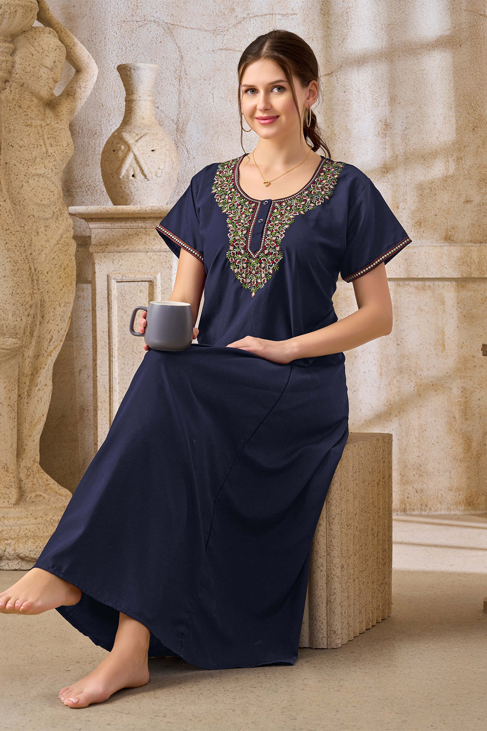 Women’s Poly Viscose Printed Nighty | Full Length A-Line Night Dress with Round Neck & Short Sleeves | Regular Fit Daily Wear Sleepwear & Loungewear - 2483