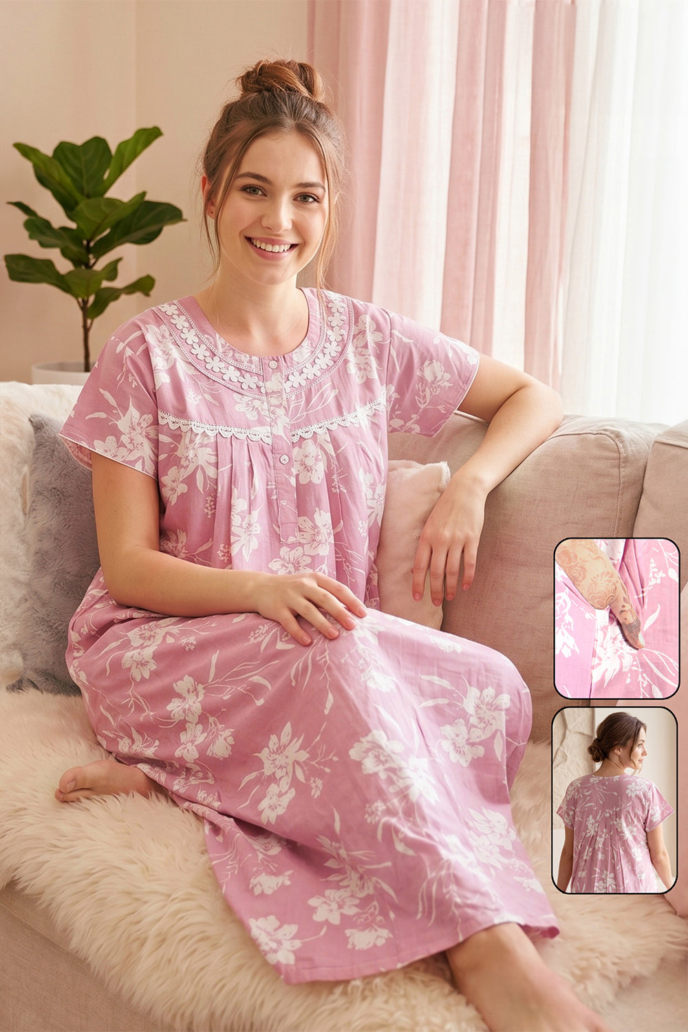 Women's Bizzy Lizzy Poly Viscose Printed Nighty | Round Neck Short Sleeve Full Length Night Gown for Women | Relax Fit Premium Sleepwear - 2486