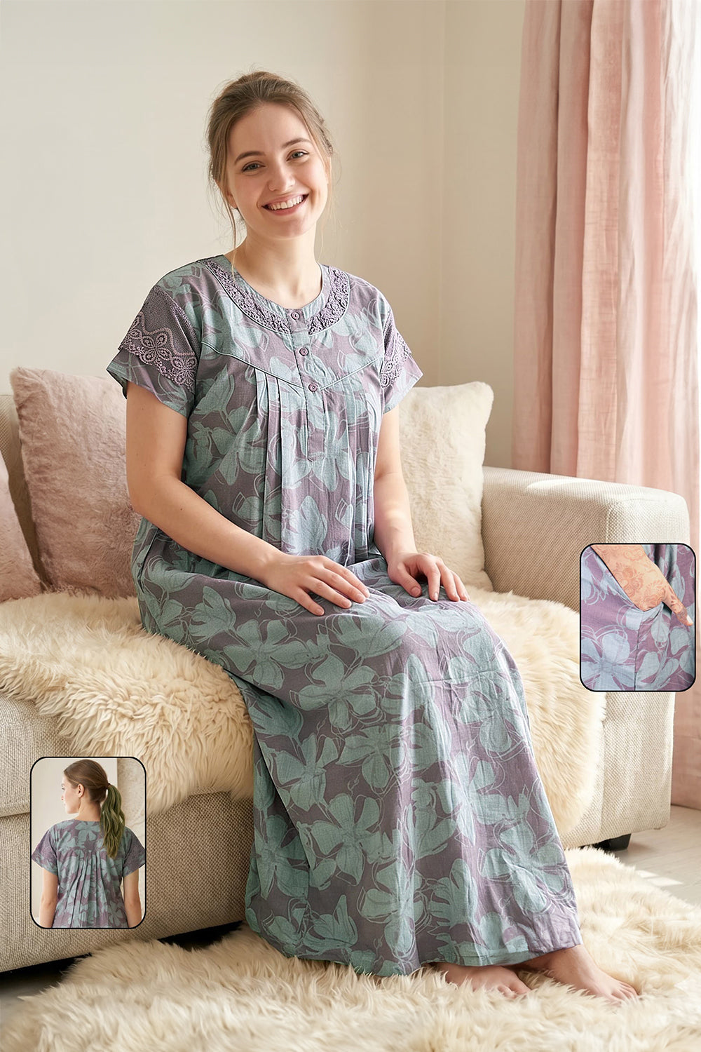 Women's Bizzy Lizzy Poly Viscose Printed Nighty | Round Neck Short Sleeve Full Length Night Gown for Women | Relax Fit Premium Sleepwear - 2488