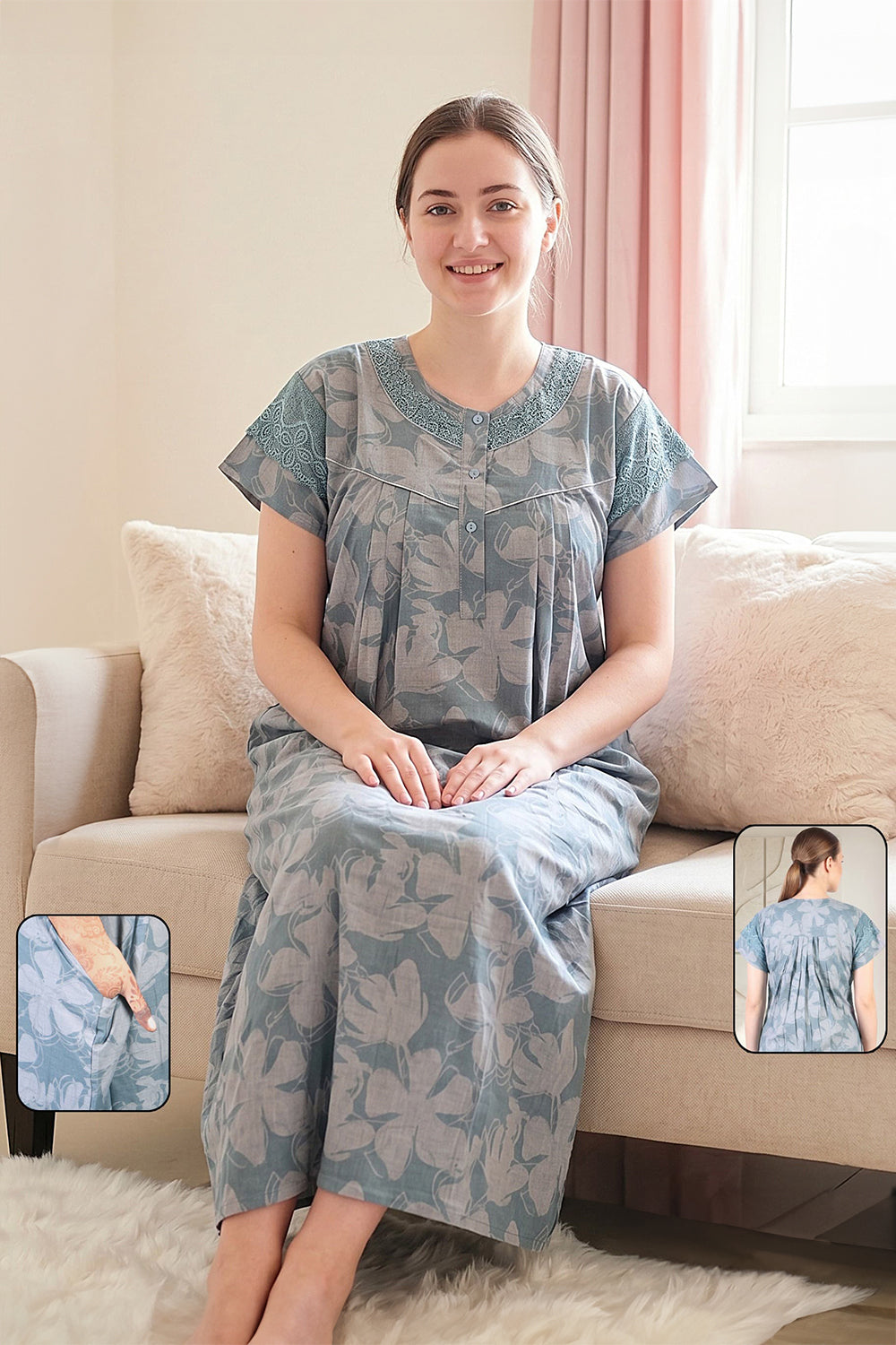 Women's Bizzy Lizzy Poly Viscose Printed Nighty | Round Neck Short Sleeve Full Length Night Gown for Women | Relax Fit Premium Sleepwear - 2488
