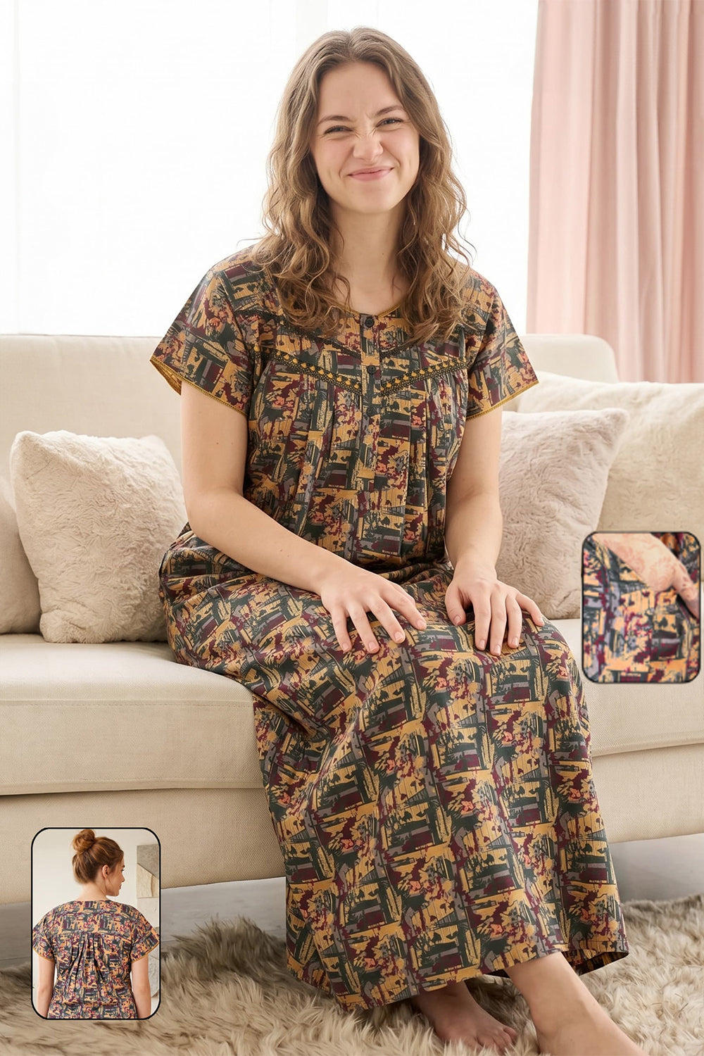 Women's Bizzy Lizzy Poly Viscose Printed Nighty | Round Neck Short Sleeve Full Length Night Gown for Women | Relax Fit Premium Sleepwear - 2492