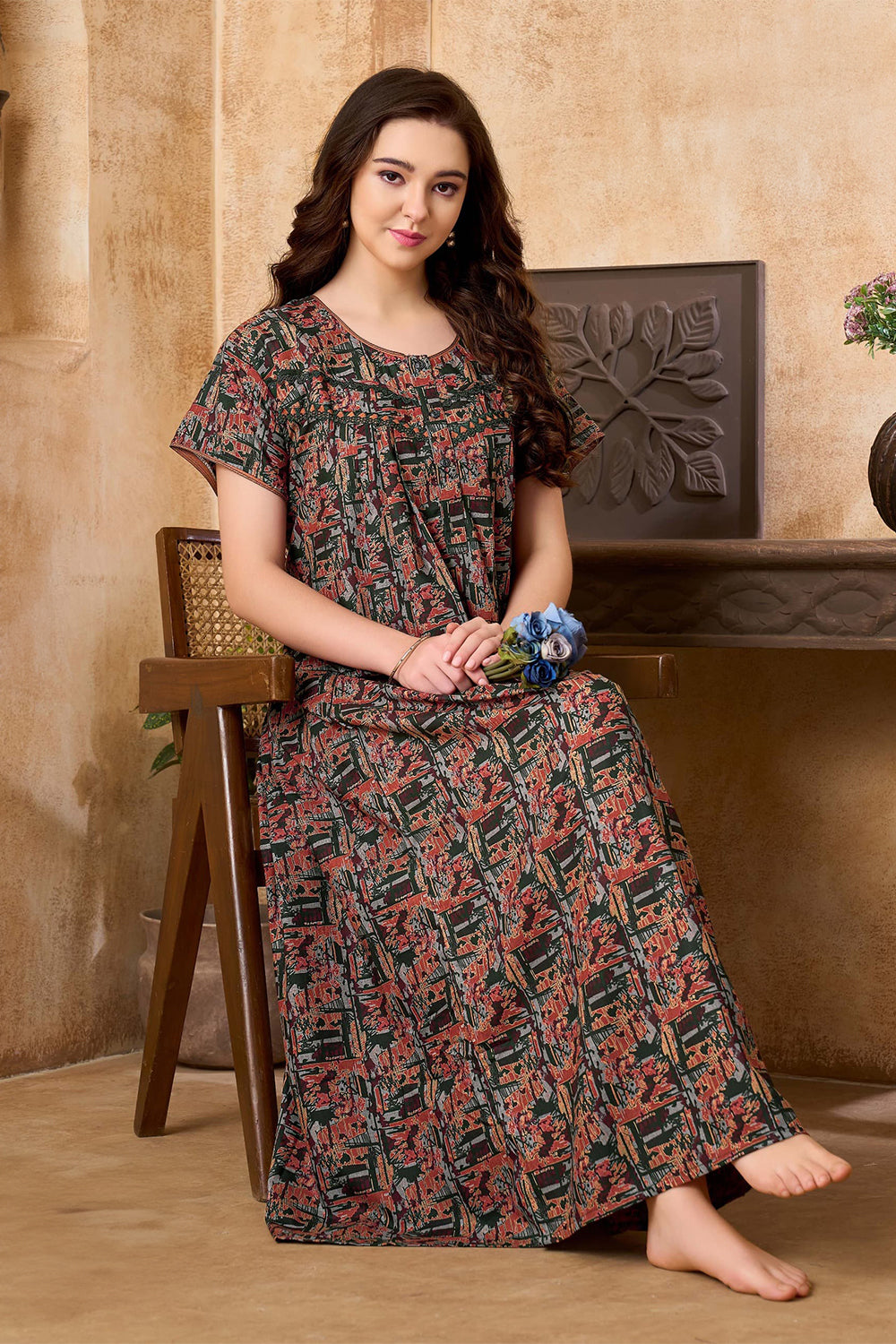 Women's Bizzy Lizzy Poly Viscose Printed Nighty | Round Neck Short Sleeve Full Length Night Gown for Women | Relax Fit Premium Sleepwear - 2492
