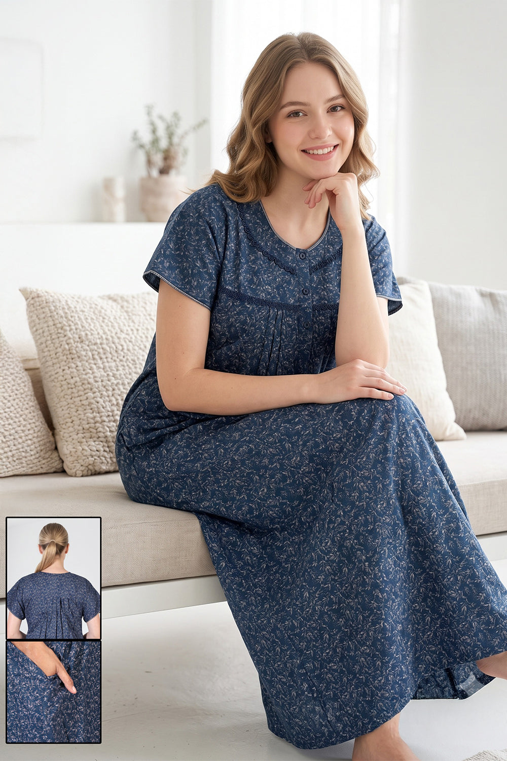 Women’s Poly Viscose Printed Pleated Nighty | Full Length Round Neck Night Dress with Short Sleeves | Regular Fit Daily Wear Sleepwear & Loungewear - 2493
