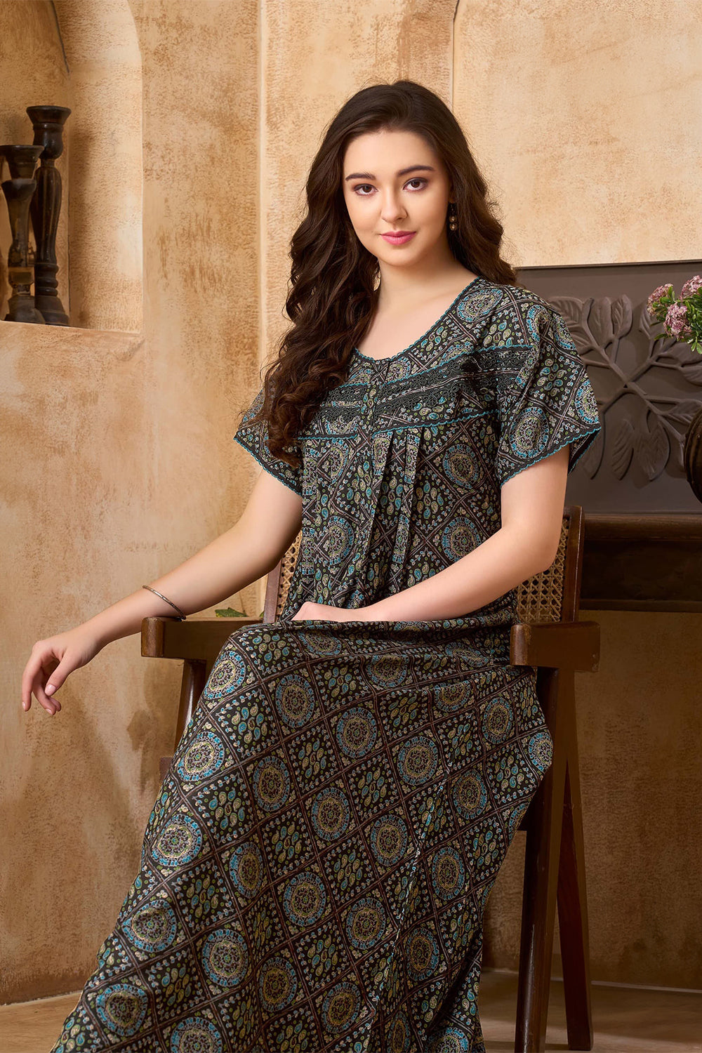 Women's Bizzy Lizzy Poly Viscose Printed Nighty | Round Neck Short Sleeve Full Length Night Gown for Women | Relax Fit Premium Sleepwear - 2494