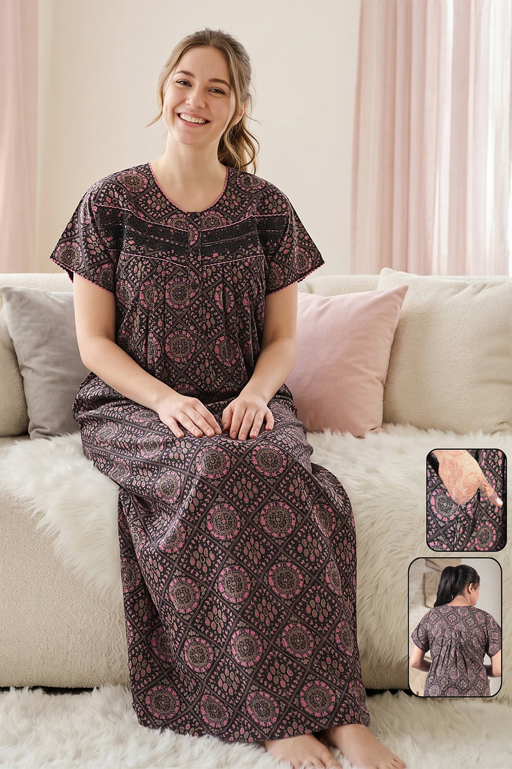 Women's Bizzy Lizzy Poly Viscose Printed Nighty | Round Neck Short Sleeve Full Length Night Gown for Women | Relax Fit Premium Sleepwear - 2494