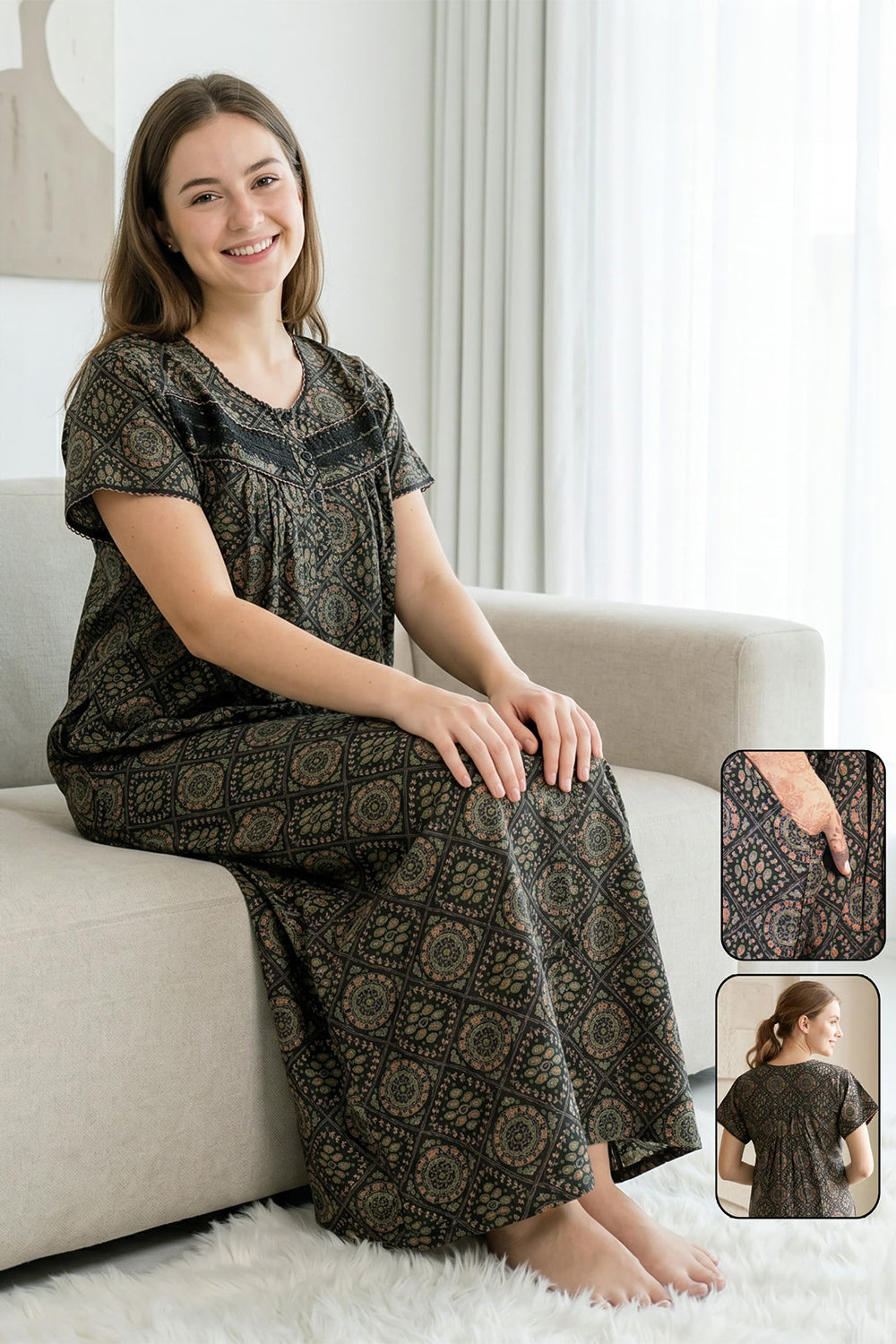 Women's Bizzy Lizzy Poly Viscose Printed Nighty | Round Neck Short Sleeve Full Length Night Gown for Women | Relax Fit Premium Sleepwear - 2494