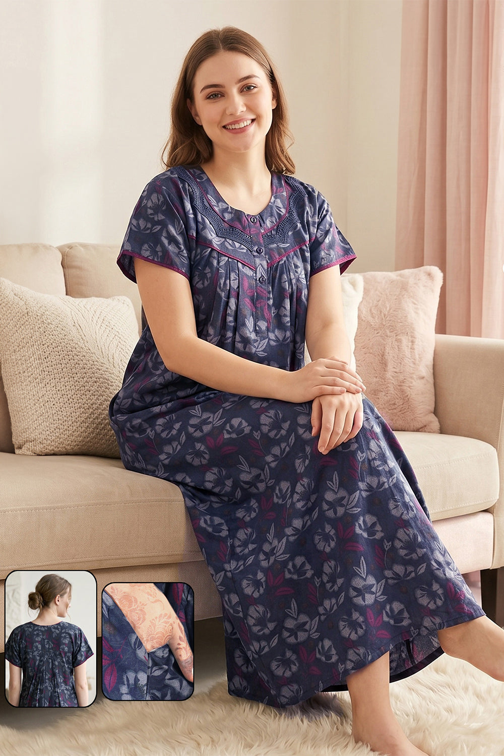 Women's Bizzy Lizzy Poly Viscose Printed Nighty | Round Neck Short Sleeve Full Length Night Gown for Women | Relax Fit Premium Sleepwear - 2495