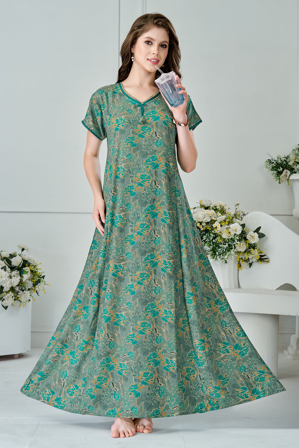Women’s Pure Cotton Prints A-Line Nighty | Full Length Round Neck Night Dress with Short Sleeve | Regular Fit Sleepwear, Home Wear & Loungewear