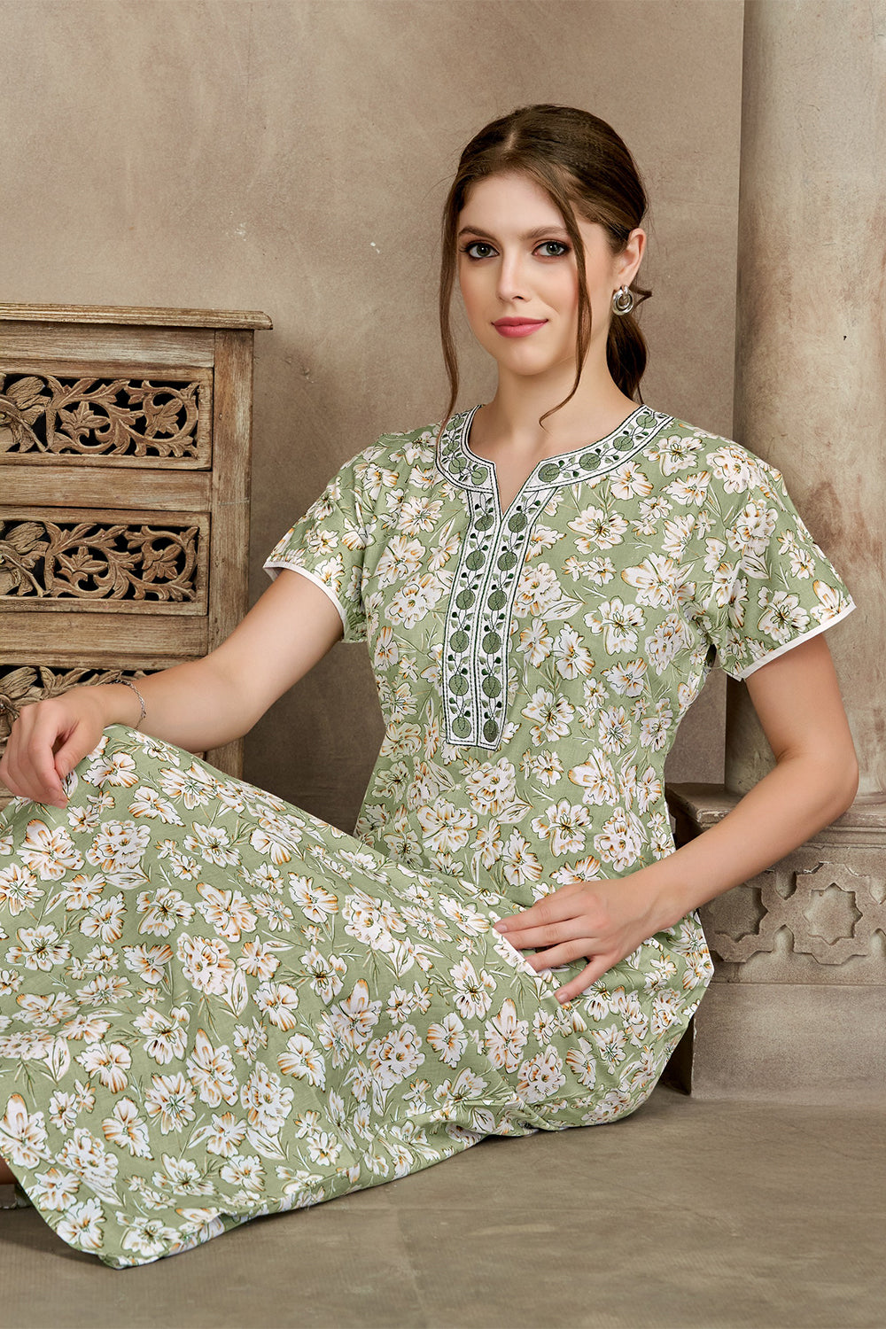 Women’s Pure Cotton Printed Nighty | Full Length A-Line Cotton Night Dress with Round Neck & Short Sleeves | Regular Fit Daily Wear Sleepwear & Loungewear - 2507