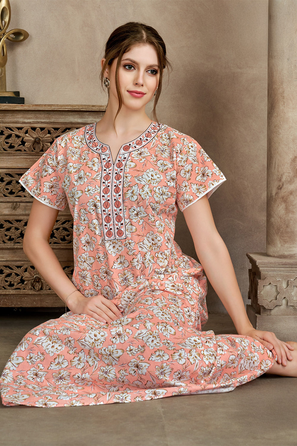 Women’s Pure Cotton Printed Nighty | Full Length A-Line Cotton Night Dress with Round Neck & Short Sleeves | Regular Fit Daily Wear Sleepwear & Loungewear - 2507