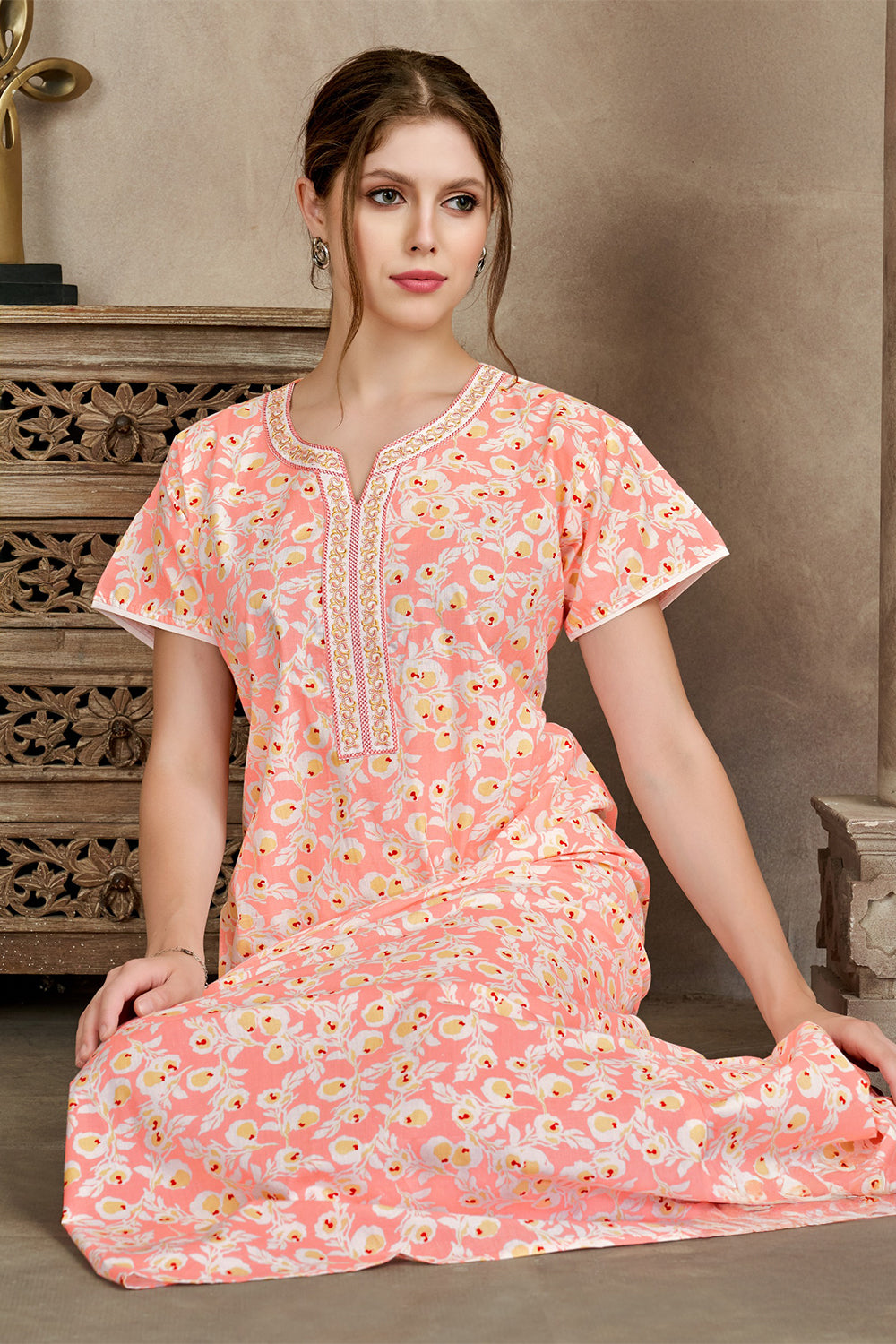 Women’s Pure Cotton Printed Nighty | Full Length A-Line Cotton Night Dress with Round Neck & Short Sleeves | Regular Fit Daily Wear Sleepwear & Loungewear - 2508