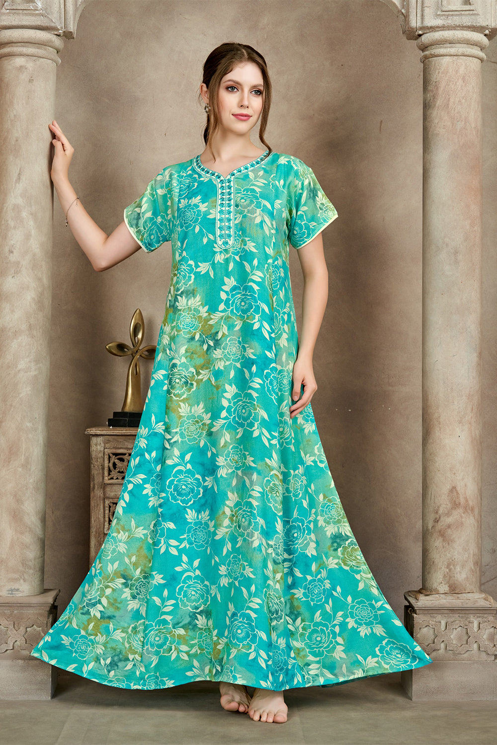Women’s Pure Cotton Prints A-Line Nighty | Full Length Round Neck Night Dress with Short Sleeve | Regular Fit Sleepwear, Home Wear & Loungewear