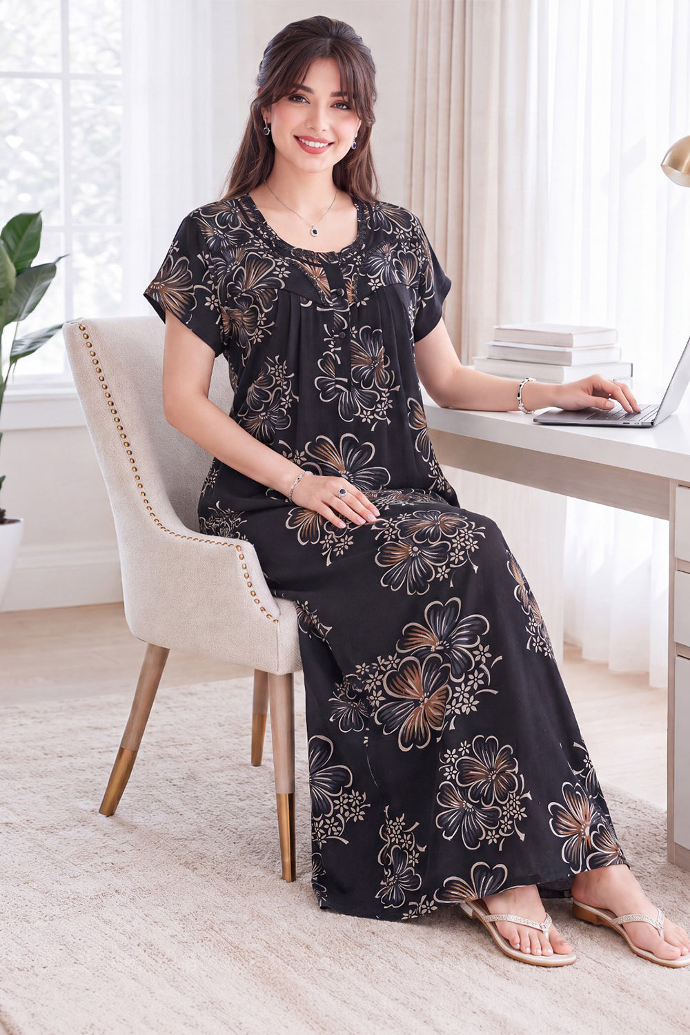 Women’s Pure Cotton Prints Pleated Nighty | Full Length Round Neck Night Dress with Short Sleeve | Relax Fit Sleepwear, Home Wear & Loungewear
