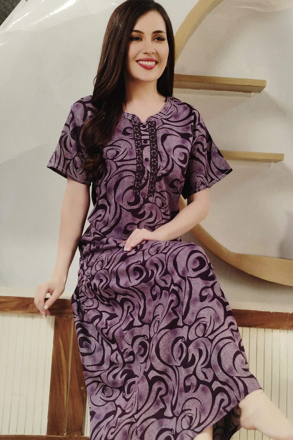 Women’s Cotton Blend Printed Nighty | Full Length A-Line Night Dress with Round Neck & Short Sleeves | Regular Fit Daily Wear Sleepwear & Loungewear - 2554