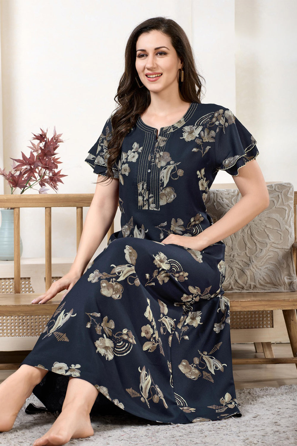 Women’s Cotton Blend Printed Nighty | Full Length A-Line Night Dress with Round Neck & Short Sleeves | Regular Fit Daily Wear Sleepwear & Loungewear - 2581