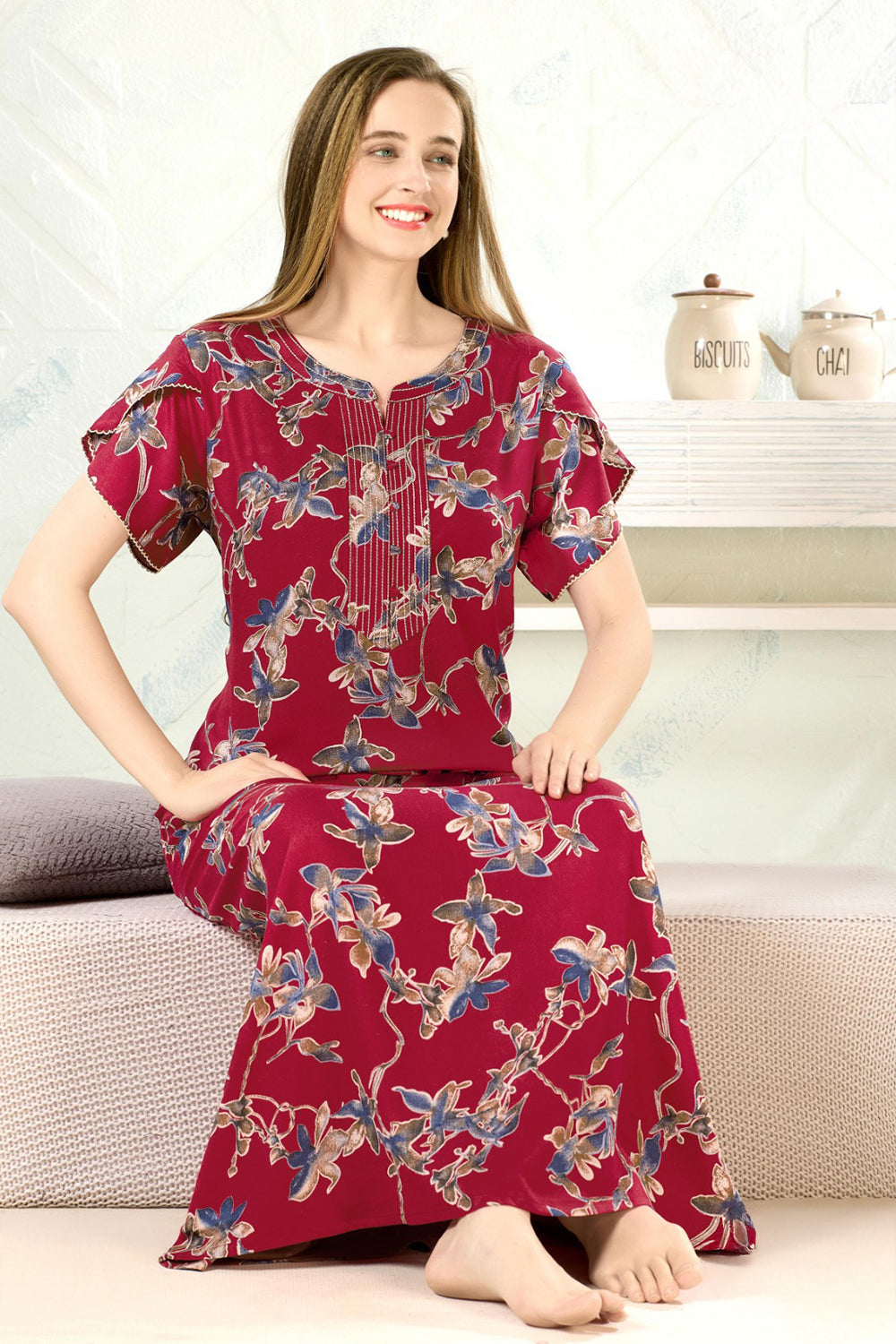 Women’s Cotton Blend Printed Nighty | Full Length A-Line Night Dress with Round Neck & Short Sleeves | Regular Fit Daily Wear Sleepwear & Loungewear - 2588