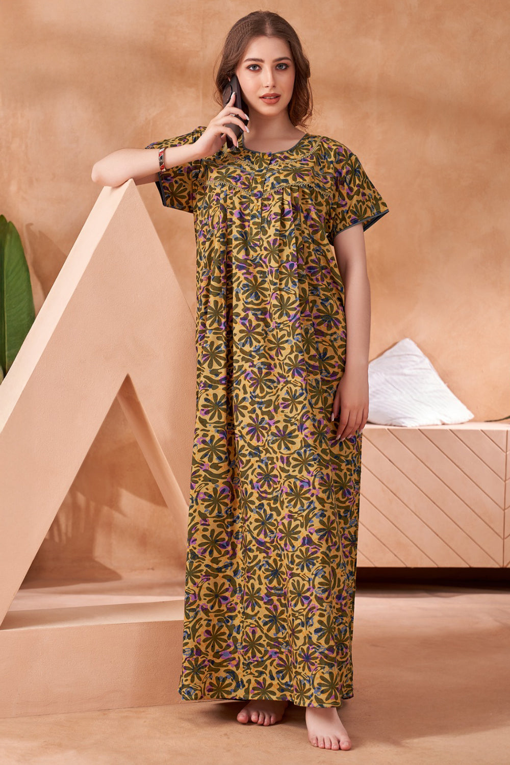 Women's Nighty | Soft Blended Fabric Comfortable Nightwear & Stylish Sleepwear - Yellow - 2119
