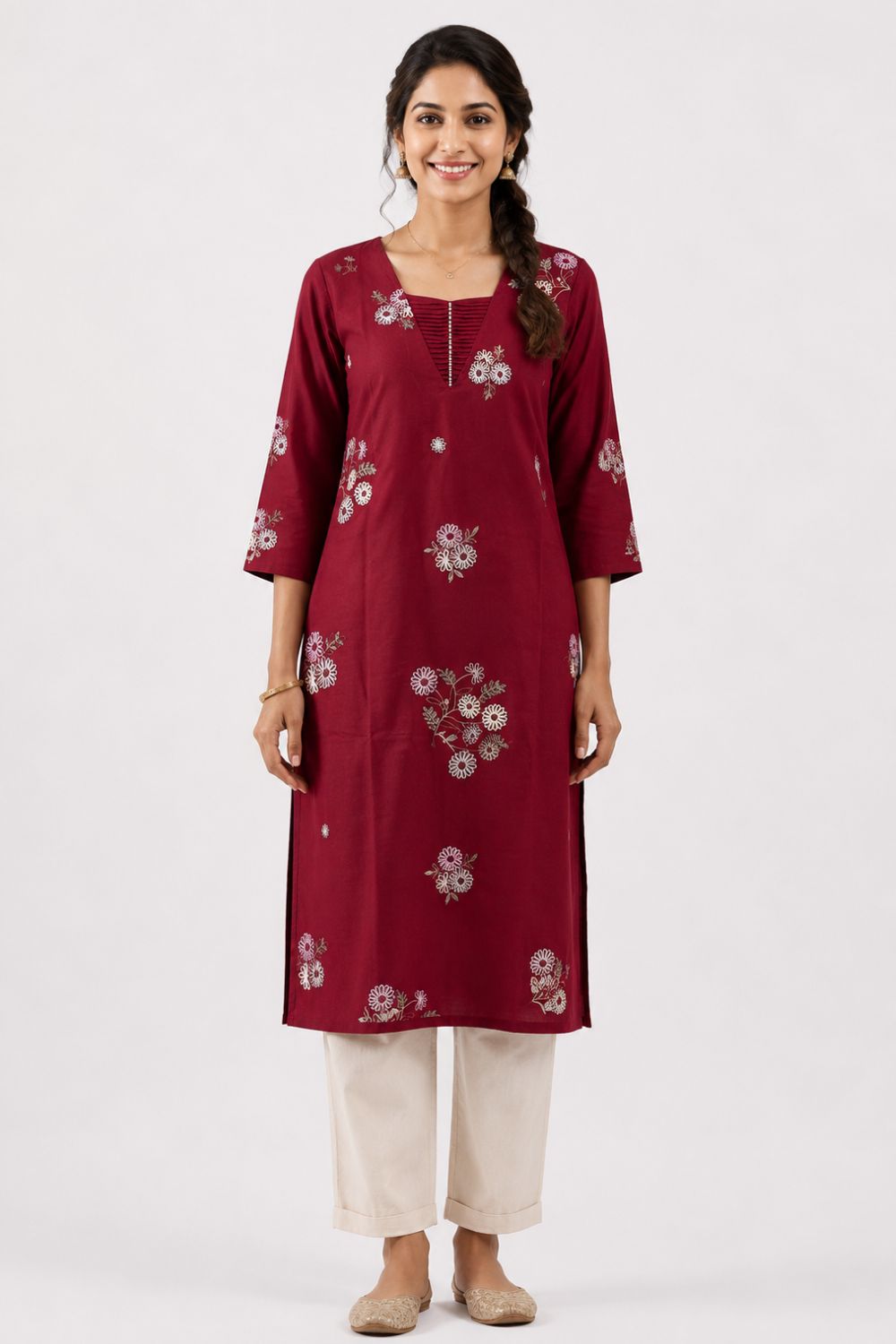 Women's Cotton Flax Embroidered Kurti | V-Neck Pintuck Kurti for Women | Regular Fit Everyday Ethnic Wear with All Over Embroidery - 1396