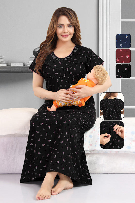 Feeding Nighty for Women | Comfortable Maternity & Nursing Nightwear with Front Opening - Black - 2788