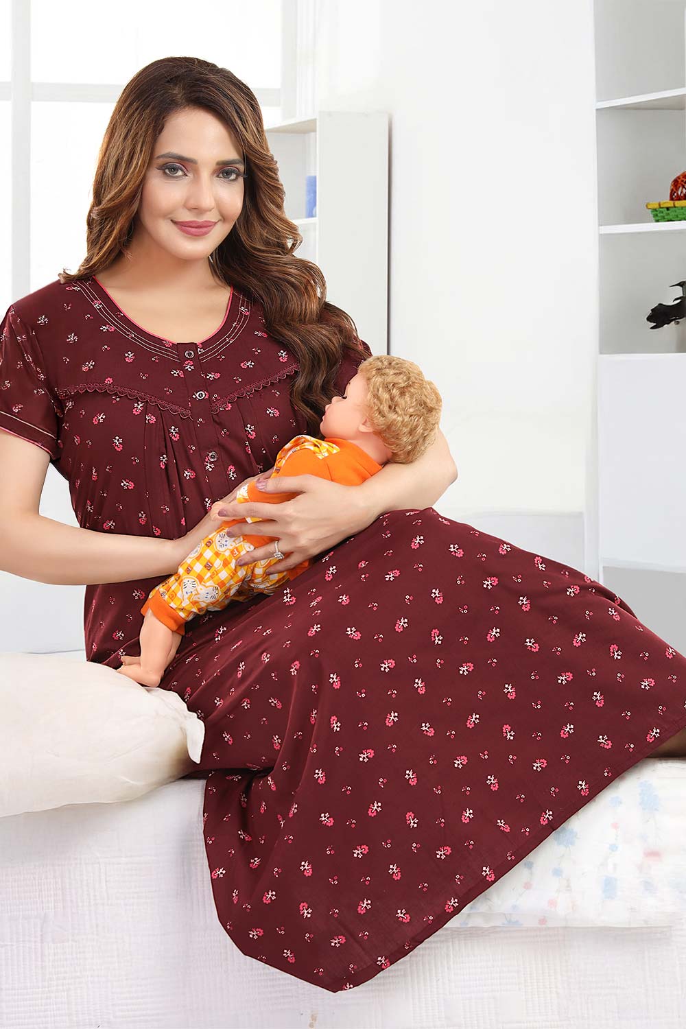 Feeding Nighty for Women | Comfortable Maternity & Nursing Nightwear with Front Opening - Maroon - 2788