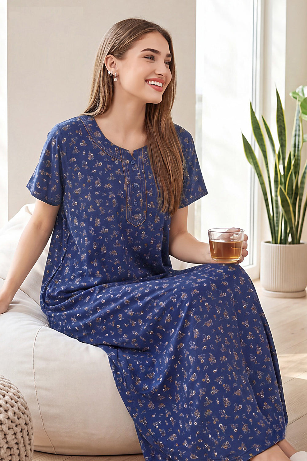 Women’s Cotton Nighty | Relaxed Fit Short Sleeve Night Dress for Women | Comfortable Everyday Nightwear | 1095-2788