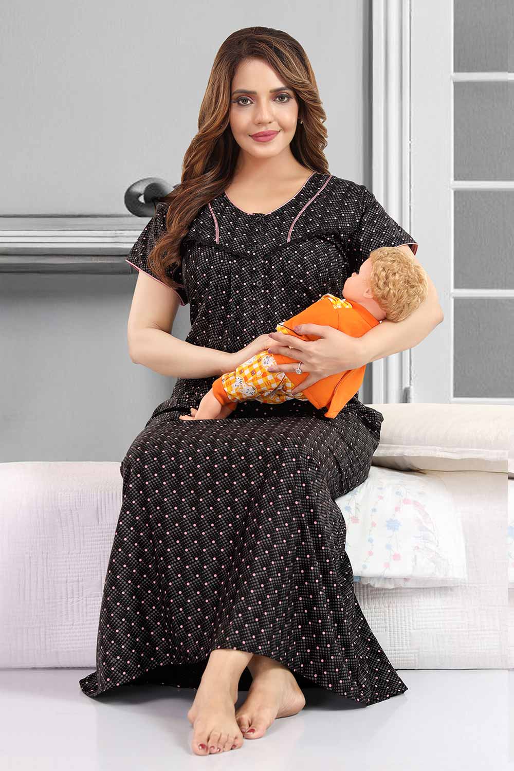 Feeding Nighty for Women | Comfortable Maternity & Nursing Nightwear with Front Opening - Pink - 2789