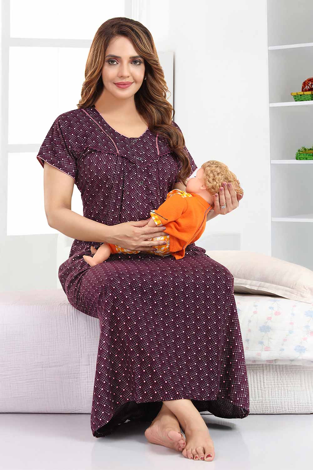 Feeding Nighty for Women | Comfortable Maternity & Nursing Nightwear with Front Opening - Purple - 2789