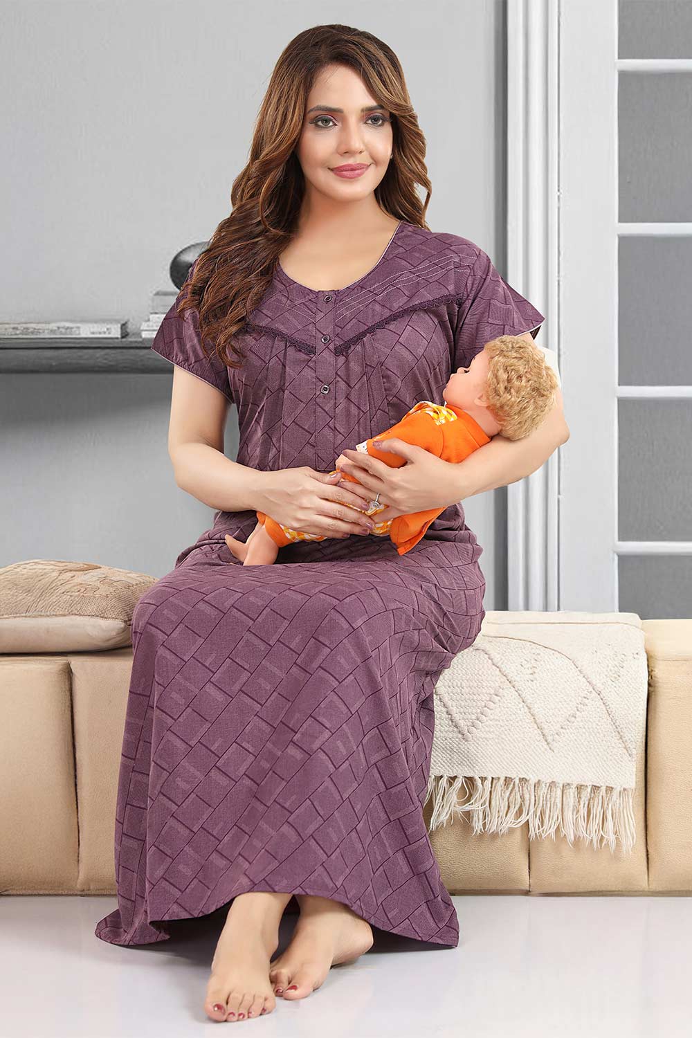 Feeding Nighty for Women | Comfortable Maternity & Nursing Nightwear with Front Opening - Purple - 2790