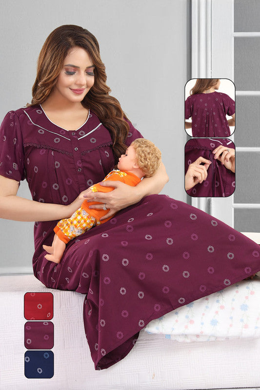 Feeding Nighty for Women | Comfortable Maternity & Nursing Nightwear with Front Opening - Wine - 2793