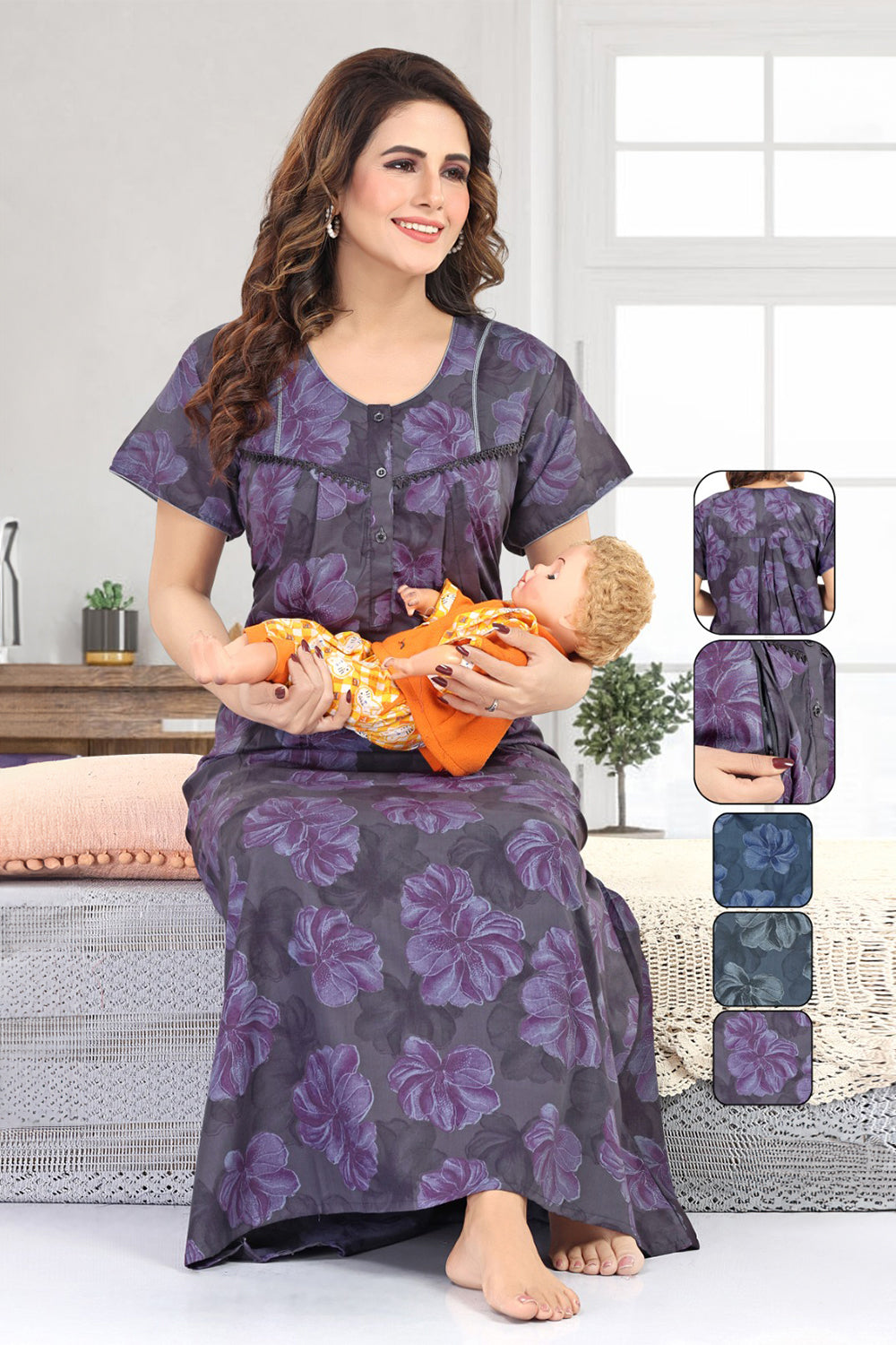 Women's Feeding Nighty | Poly Viscose Printed Maternity Nighty with Front Feeding Zip | Round Neck Short Sleeve Full Length Nursing Night Gown - 2854