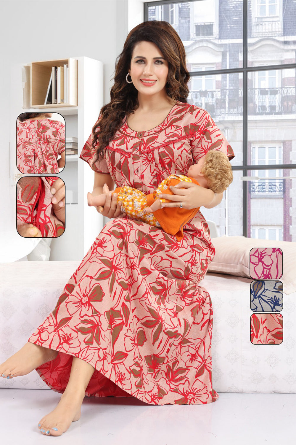 Women’s Cotton Blend Feeding Nighty | Printed Full Length Nursing Night Dress with Round Neck & Short Sleeves | Regular Fit Maternity & Feeding Nightwear - 2877