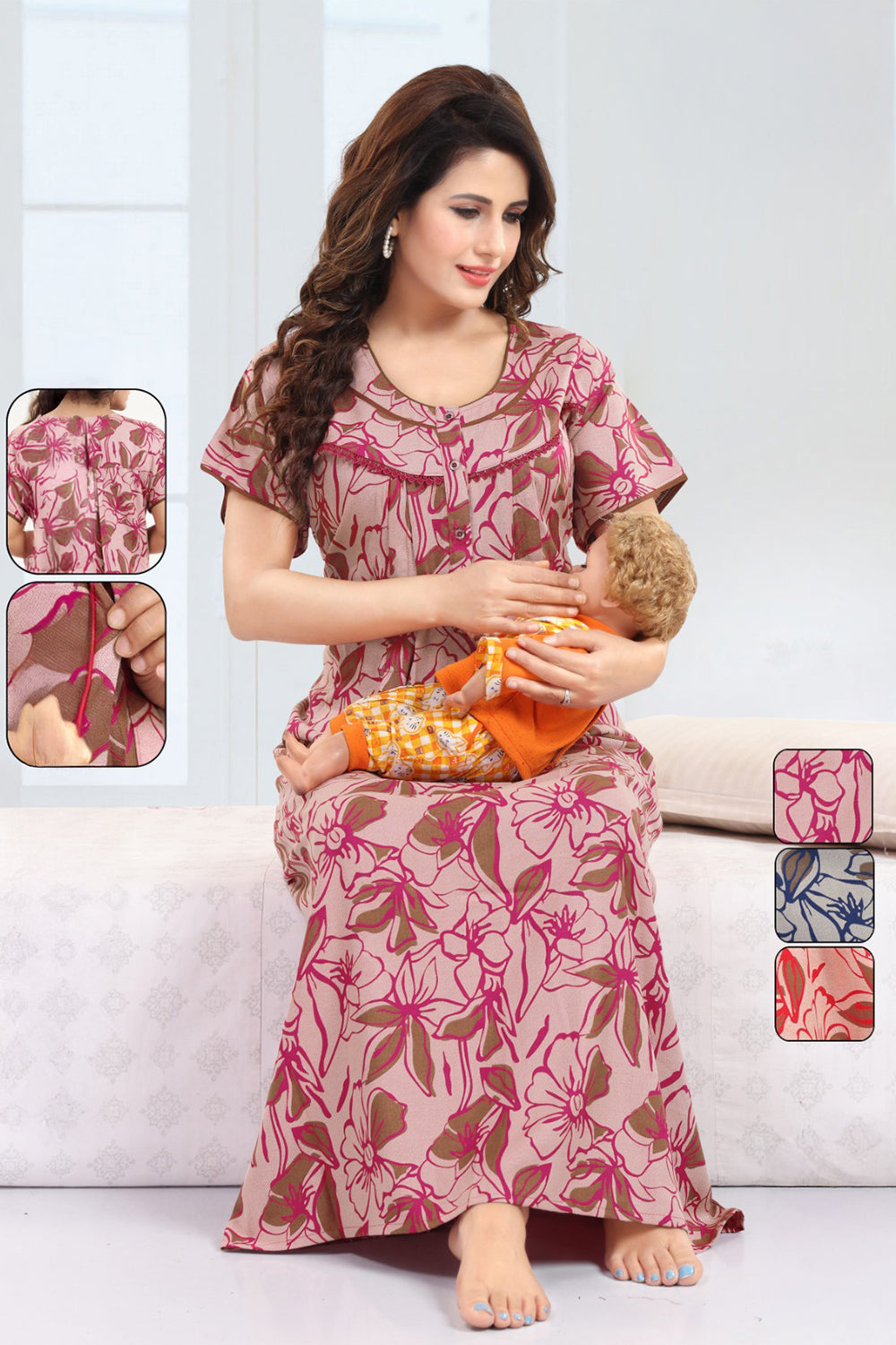 Women’s Cotton Blend Feeding Nighty | Printed Full Length Nursing Night Dress with Round Neck & Short Sleeves | Regular Fit Maternity & Feeding Nightwear - 2877